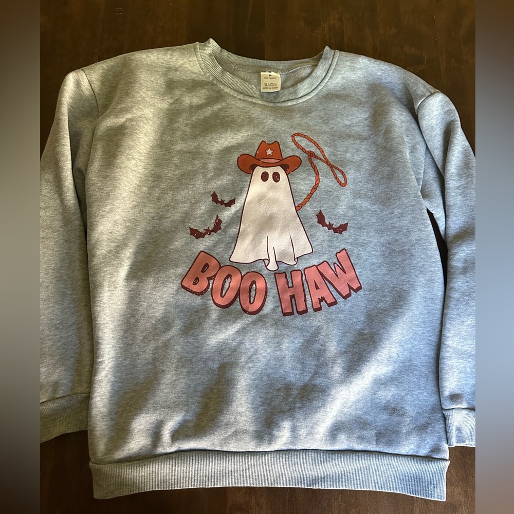 Halloween Sweater‎ M Medium Ghost Spooky Boo Haw Cowboy Western Trick Treat 👻🎃